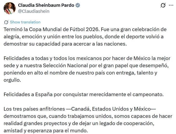 Mensaje de Claudia Sheinbaum.
