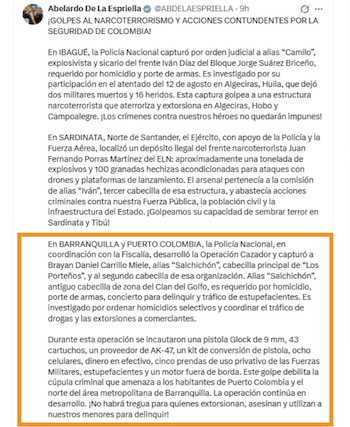El presidente anunció que se seguirán adelantando operaciones en contra de las organizaciones criminales que azotan al país - crédito @ABDELAESPRIELLA / X