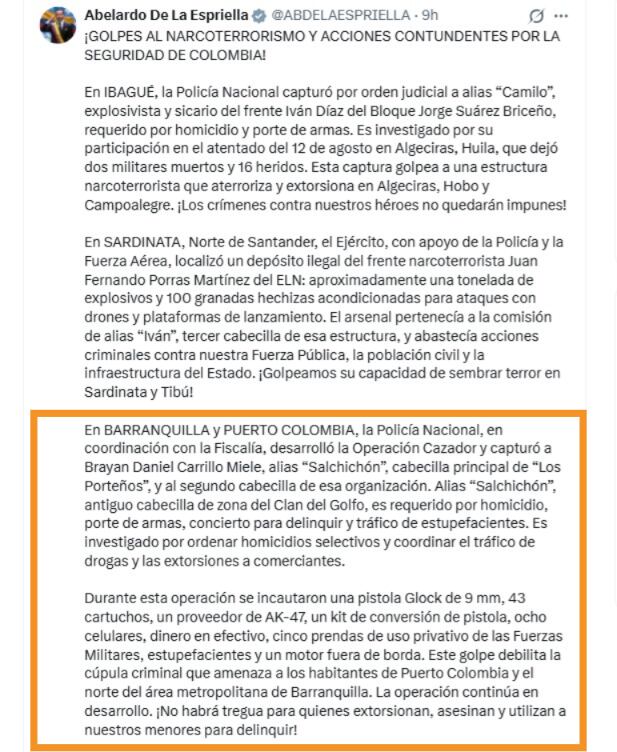 El presidente anunció que se seguirán adelantando operaciones en contra de las organizaciones criminales que azotan al país - crédito @ABDELAESPRIELLA / X
