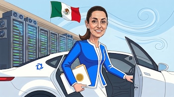 Ilustración de una mujer sonriente, identificada como la presidenta, saliendo de un coche blanco con la bandera de México y racks de servidores al fondo.