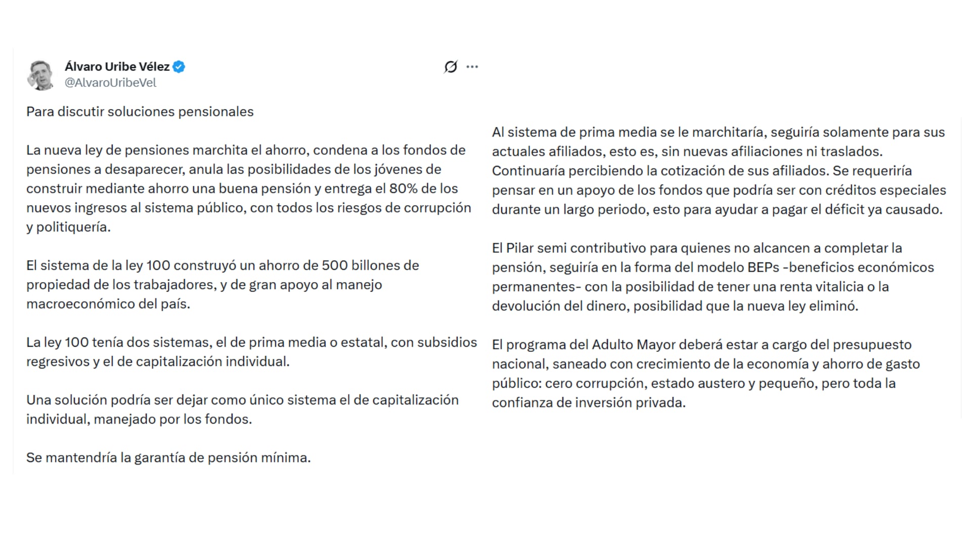 Álvaro Uribe defendió el sistema pensional de la Ley 100 de 1993, y aseguró que este permitió crecimiento económico - crédito @AlvaroUribeVel/X