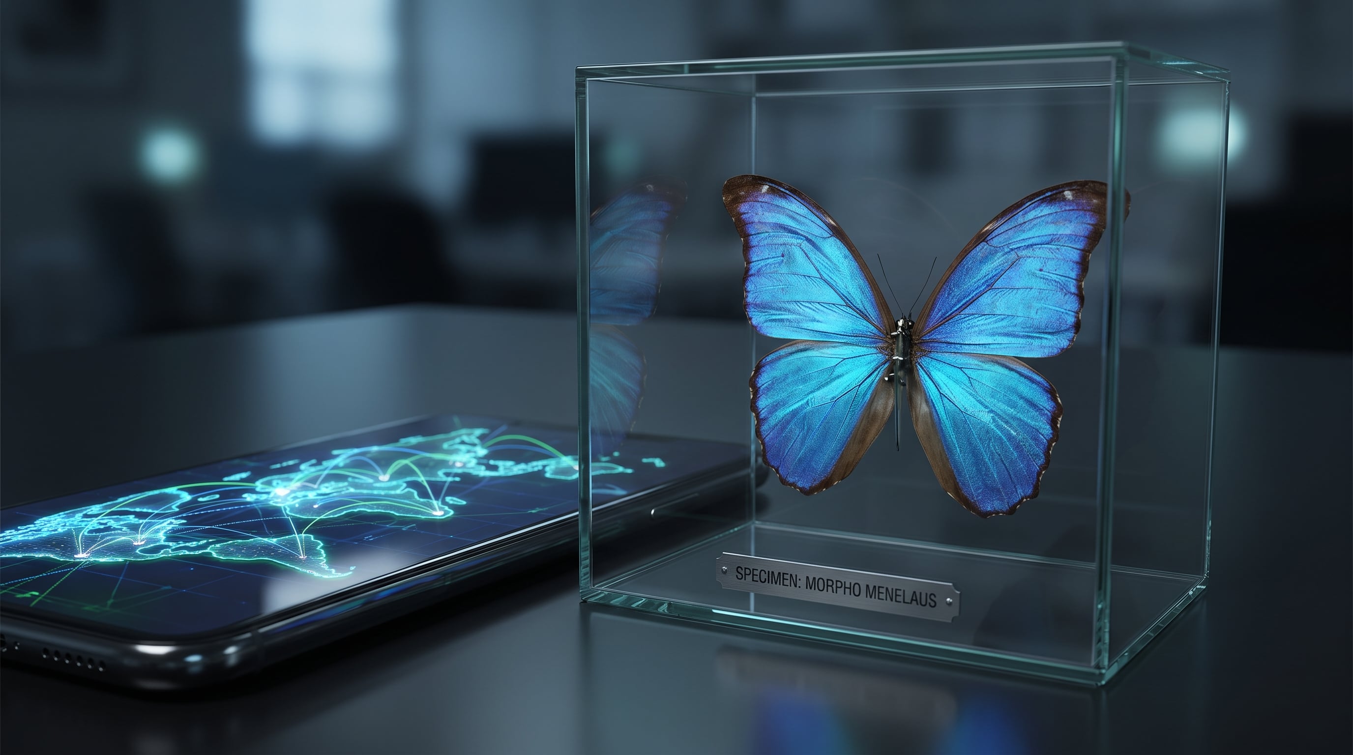 Una mariposa azul en una caja de cristal junto a un teléfono con rutas globales ilustra el comercio ilegal de fauna por vías digitales. (Imagen Ilustrativa Infobae)