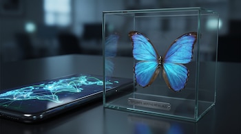 Una mariposa azul dentro de una caja transparente de cristal junto a un teléfono inteligente que exhibe un mapa mundial con conexiones.