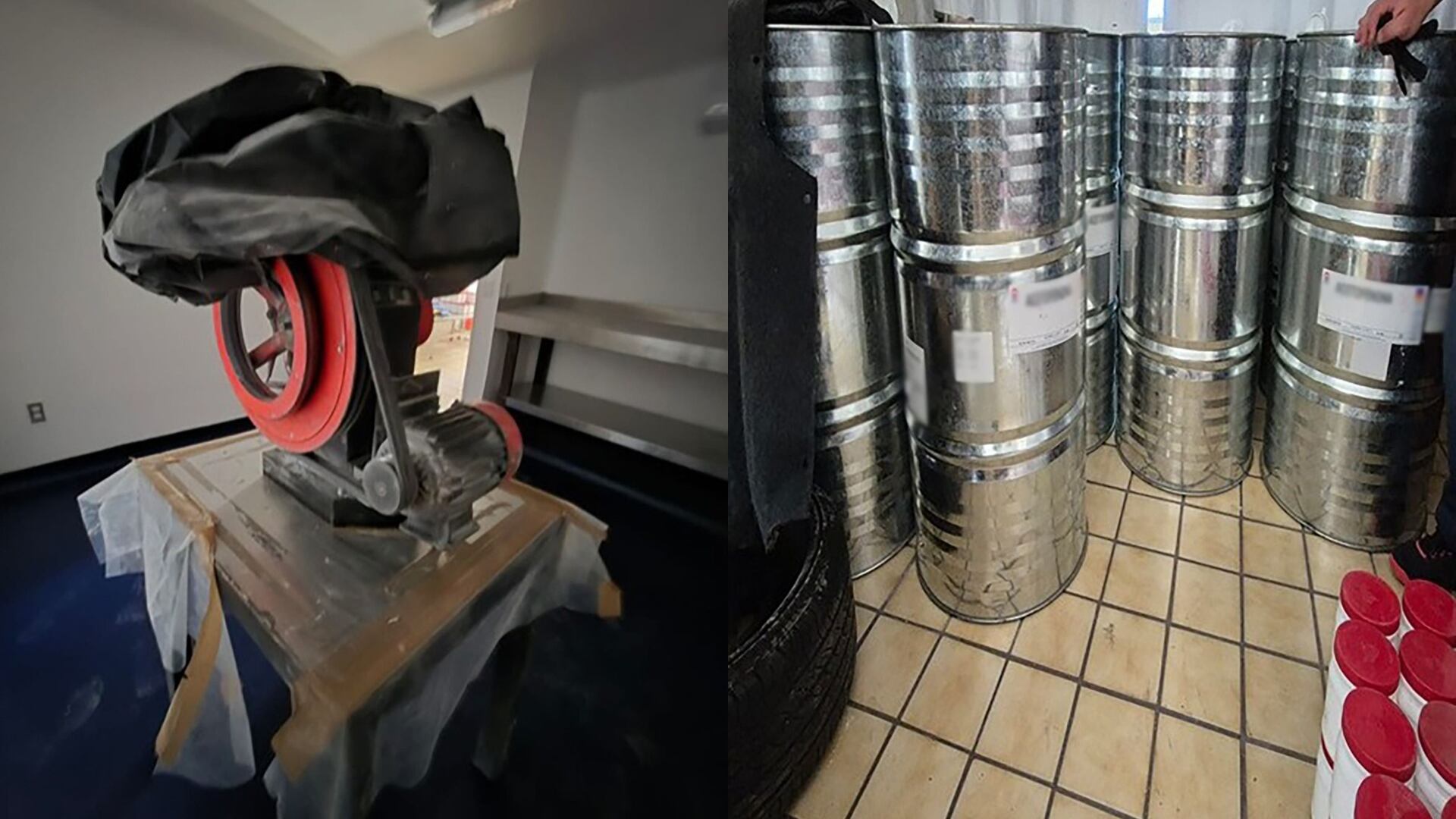 En los cateos realizados en Guadalajara se aseguraron diversos precursores y maquinaria.Crédito: Gabinete de Seguridad