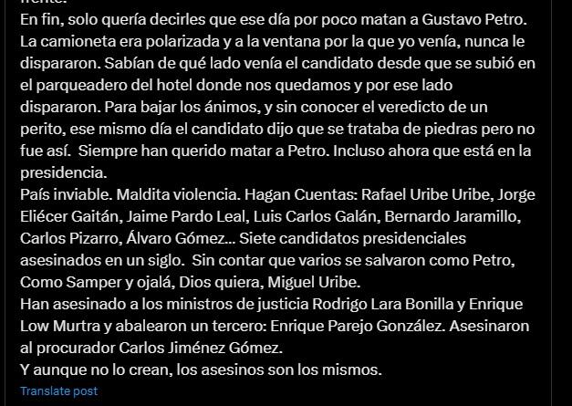 Gustavo Bolívar recordó otros políticos colombianos que fueron victimas de atentados - crédito @GustavoBolivar