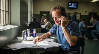 Hombre con camiseta azul, hablando por celular, sentado en una mesa con documentos y latas de bebida junto a una ventana con rejas en una cárcel.
