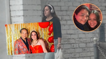 Joven con auriculares y una bolsa caminando, junto a una foto de ella con Melcochita y un círculo con su rostro junto a Monserrat Seminario.