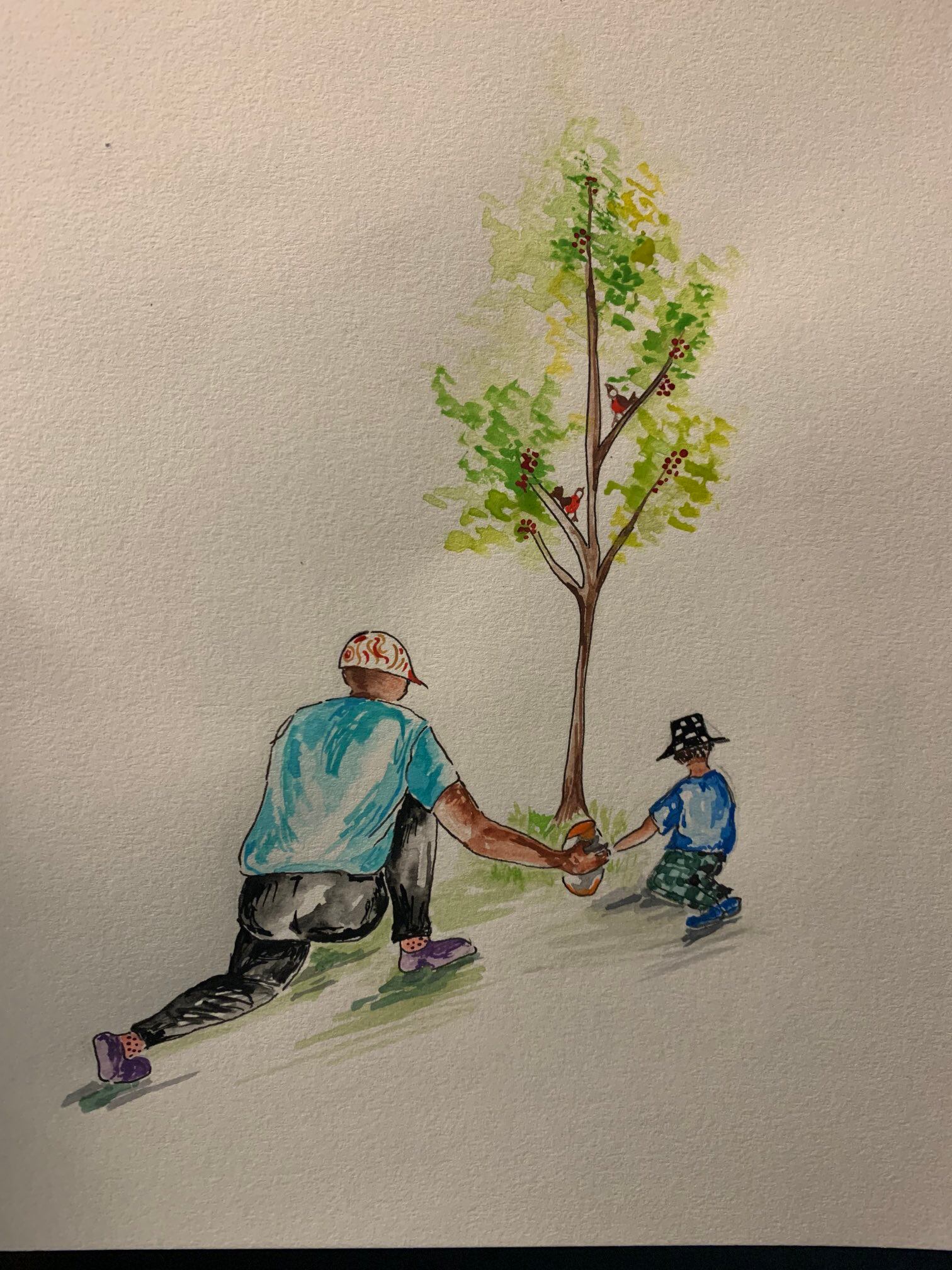 Chaudhri pintó cómo será el momento en que su marido y su hijo dejen sus cenizas al lado de un árbol de Canadá (twitter Nadia Chaudhri)