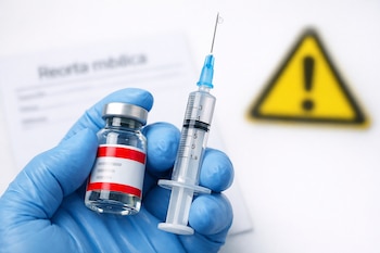 Mano con guante azul sostiene vial de medicamento y jeringa. Al fondo, papel con 'Receta médica' y señal triangular de advertencia amarilla.