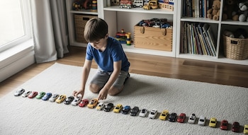Niño de 6 años arrodillado sobre una alfombra blanca, concentrado en alinear veinte autitos de juguete en una fila en su habitación, con uno fuera de lugar.