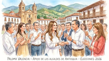 Ilustración de acuarela de Paloma Valencia estrechando la mano de un hombre, rodeada de personas aplaudiendo en una plaza colonial con iglesia y montañas.