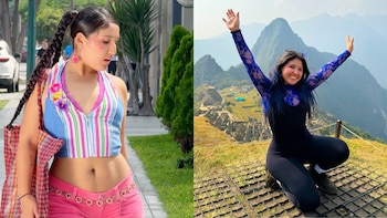 Díptico de Milena Warthon: la cantante en calle urbana con trenza, top rayado, pantalón rosa y bolso; y sonriente frente a las ruinas de Machu Picchu
