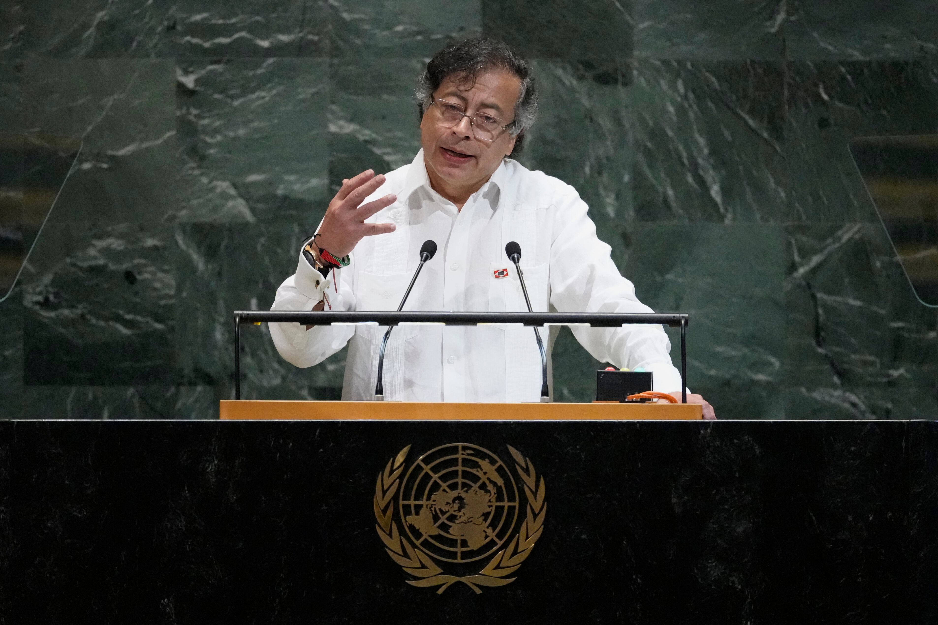 El presidente de Colombia, Gustavo Petro Urrego, se dirige al 80mo periodo de sesiones de la Asamblea General de las Naciones Unidas, el martes 23 de septiembre de 2025, en la sede de la ONU. (Foto AP/Pamela Smith)