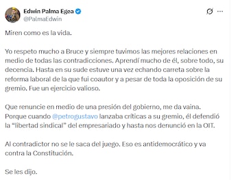 Edwin Palma se pronunció sobre la renuncia de Bruce Mac Master a la Andi