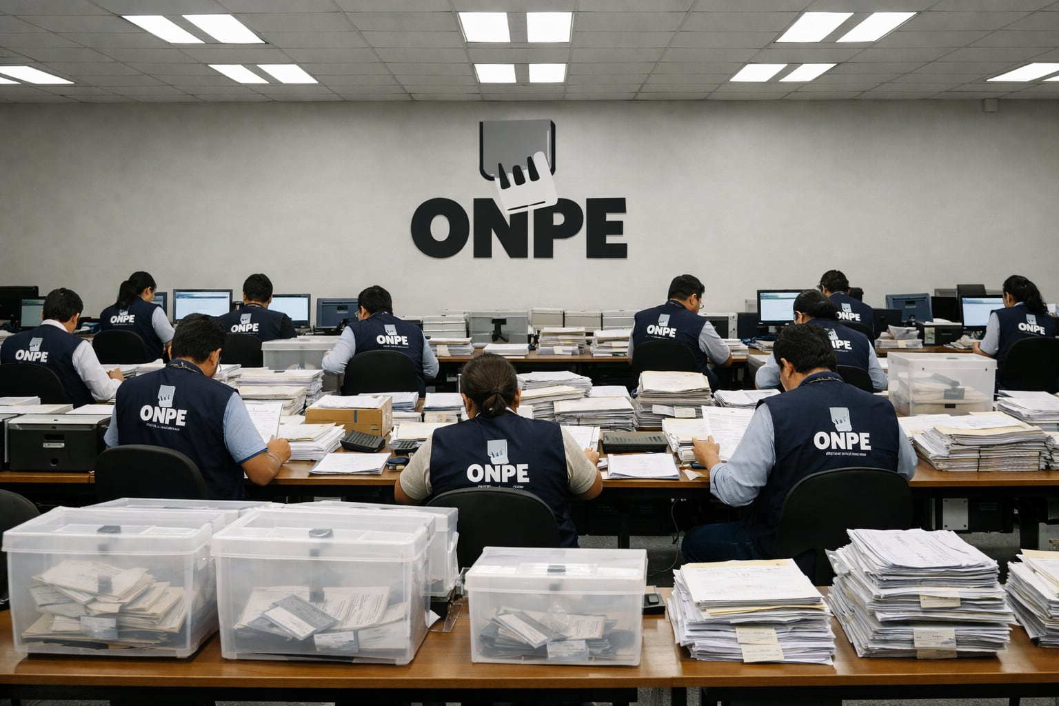 Funcionarios de la ONPE trabajan en el conteo manual de votos y el procesamiento de actas en una sala de cómputo, asegurando la transparencia del proceso electoral. (Imagen Ilustrativa Infobae)