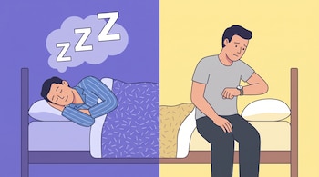 Ilustración dividida: una persona duerme profundamente en una cama sobre fondo violeta con Zzz, y otra persona mira un reloj sentada en el borde de una cama sobre fondo amarillo.