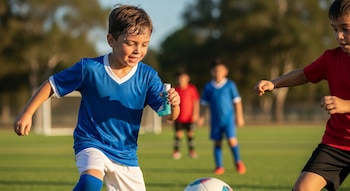 Primer plano de un niño con camiseta azul, sosteniendo un inhalador turquesa mientras juega al fútbol en un campo verde con otros niños difuminados al fondo.
