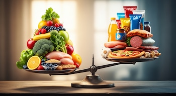 Una balanza antigua en una mesa de madera. En un plato hay una montaña de frutas, verduras y pollo; en el otro, pizza, embutidos, snacks y jugos.