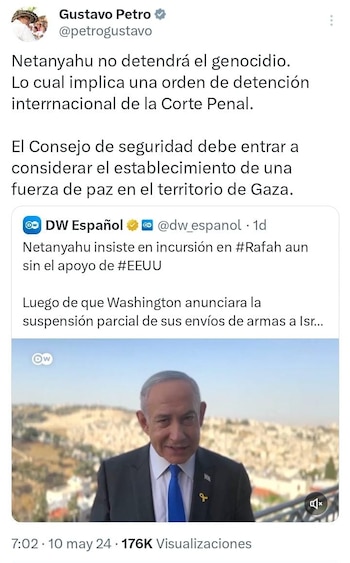 Gustavo Petro pidió orden de arresto contra el primer mainistro israelí - crédito @petrogustavo