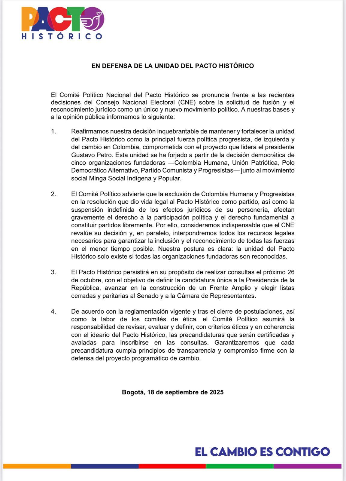 Comunicado oficial del Pacto Histórico - crédito Pacto Histórico