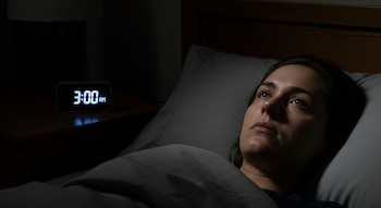Una mujer con cabello oscuro está recostada en una cama oscura, mirando hacia arriba con una expresión seria. A su izquierda, un reloj digital muestra '3:00 AM'.