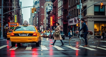 Vista de una intersección urbana en Nueva York con un taxi amarillo y un ciclista detenidos para una mujer que cruza una calle mojada. Edificios y luces de neón de la ciudad son visibles al fondo.