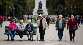 Cinco adultos mayores en un parque. Tres mujeres sentadas en un banco verde. Un hombre y una mujer caminan, ambos con bastones. Hay un monumento de fondo.