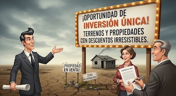 Vendedor, pareja, cartel luminoso "Oportunidad de inversión única", letreros "Propiedad en venta" y "Zona no urbanizable", cabaña, contrato de venta en paisaje árido.
