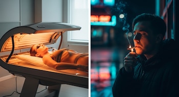 Imagen dividida. A la izquierda, una mujer en gafas y ropa interior se broncea en una cama solar. A la derecha, un hombre fuma un cigarrillo encendiéndolo.