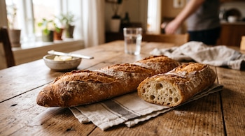 Un pan baguette entero y otro cortado sobre un paño en una mesa de madera, con mantequilla y un vaso en el fondo.