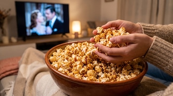 Primer plano de manos tomando pochoclos dulces de un bol grande sobre una manta, con una televisión reproduciendo una película de fondo.