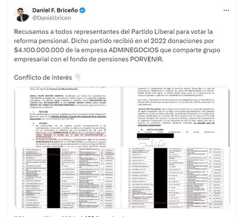 Daniel Briceño, abogado y concejal de Bogotá, denunció que los representantes del Partido Liberal no deben cotar la reforma pensional, ya que tienen conflicto de interés - crédito @DanielBricen/X