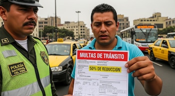 Un policía peruano con uniforme verde y un hombre con camiseta azul muestran un documento con "Multas de Tránsito" y "50% de Reducción" en una calle.