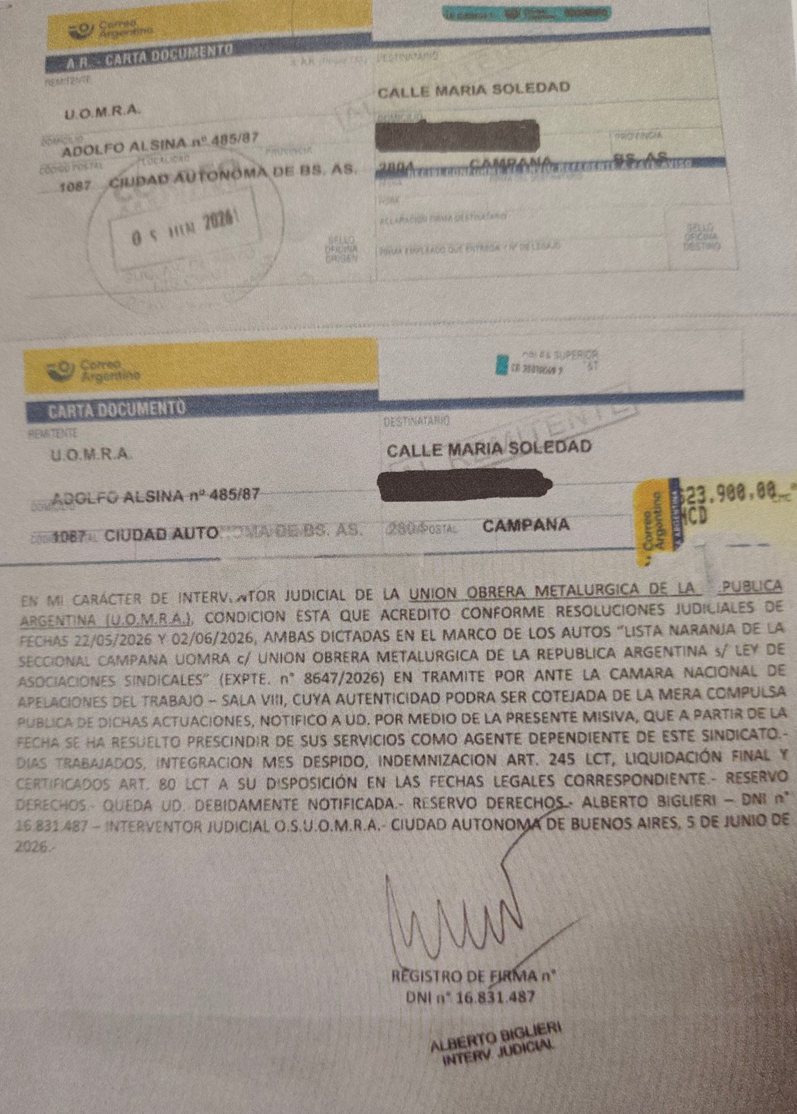 El telegrama de despido de María Soledad Calle de la UOM