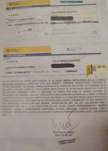 El telegrama de despido de María Soledad Calle de la UOM