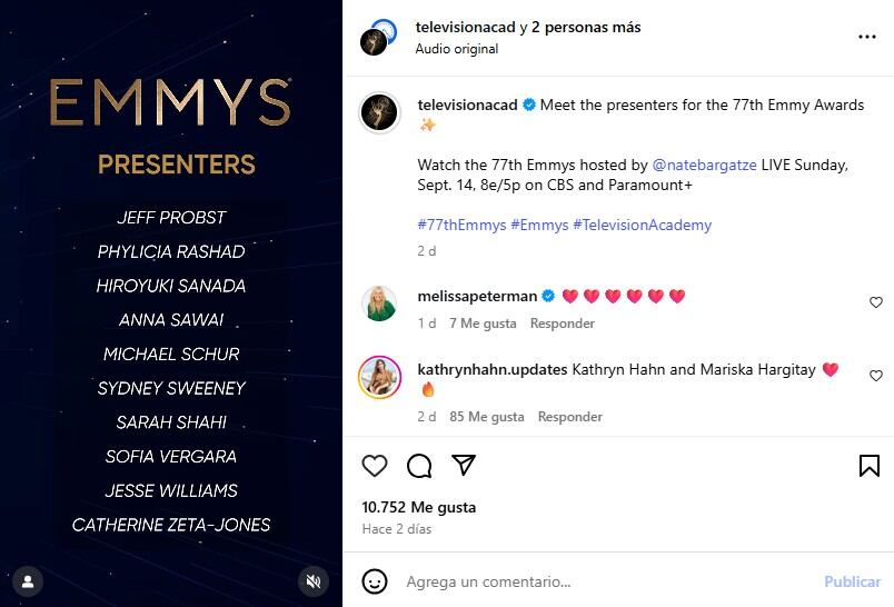 La colombiana fue confirmada como uno de los 39 presentadores designados para revelar los ganadores de los Emmy Awards 2025 - crédito @televisionacad/Instagram