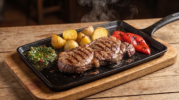 Carne a la plancha humeante con patatas asadas, pimientos rojos y salsa verde en una bandeja negra sobre una mesa de madera.