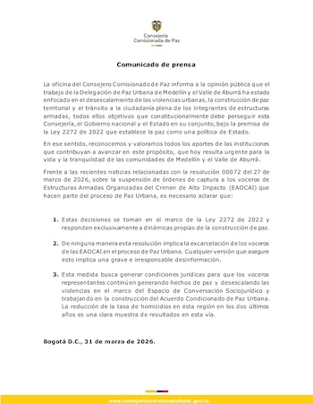La Consejería Comisionada de Paz aclaró que la suspensión no implica excarcelación automática de los voceros de estructuras armadas - crédito @ComisionadoPaz/X