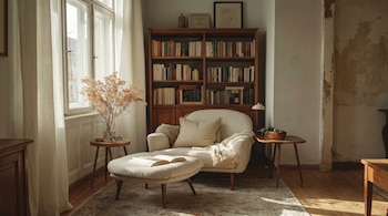Un rincón de lectura iluminado por el sol con una butaca, un puf con un libro abierto, una estantería de madera llena de libros y una ventana grande.