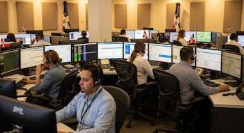Una sala de operaciones con varios operadores sentados en escritorios, cada uno frente a múltiples monitores de computadora y usando auriculares con micrófono. Se ven banderas dominicanas.