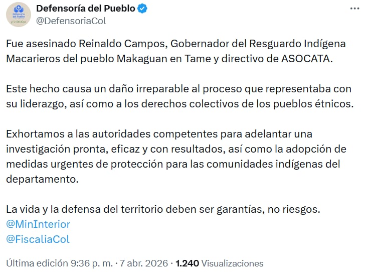 La Defensoría solicitó la adopción de medidas urgentes de protección para las comunidades indígenas en Arauca - crédito @DefensoriaCol/X