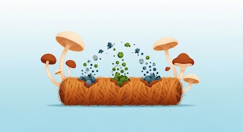Ilustración plana de una fibra de coco con hongos, mostrando la descomposición de partículas azules/grises en verdes, sobre un fondo azul claro.