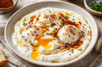 Tres huevos escalfados, uno con la yema rota, servidos sobre yogur blanco con aceite rojo y hierbas picadas en un plato hondo.