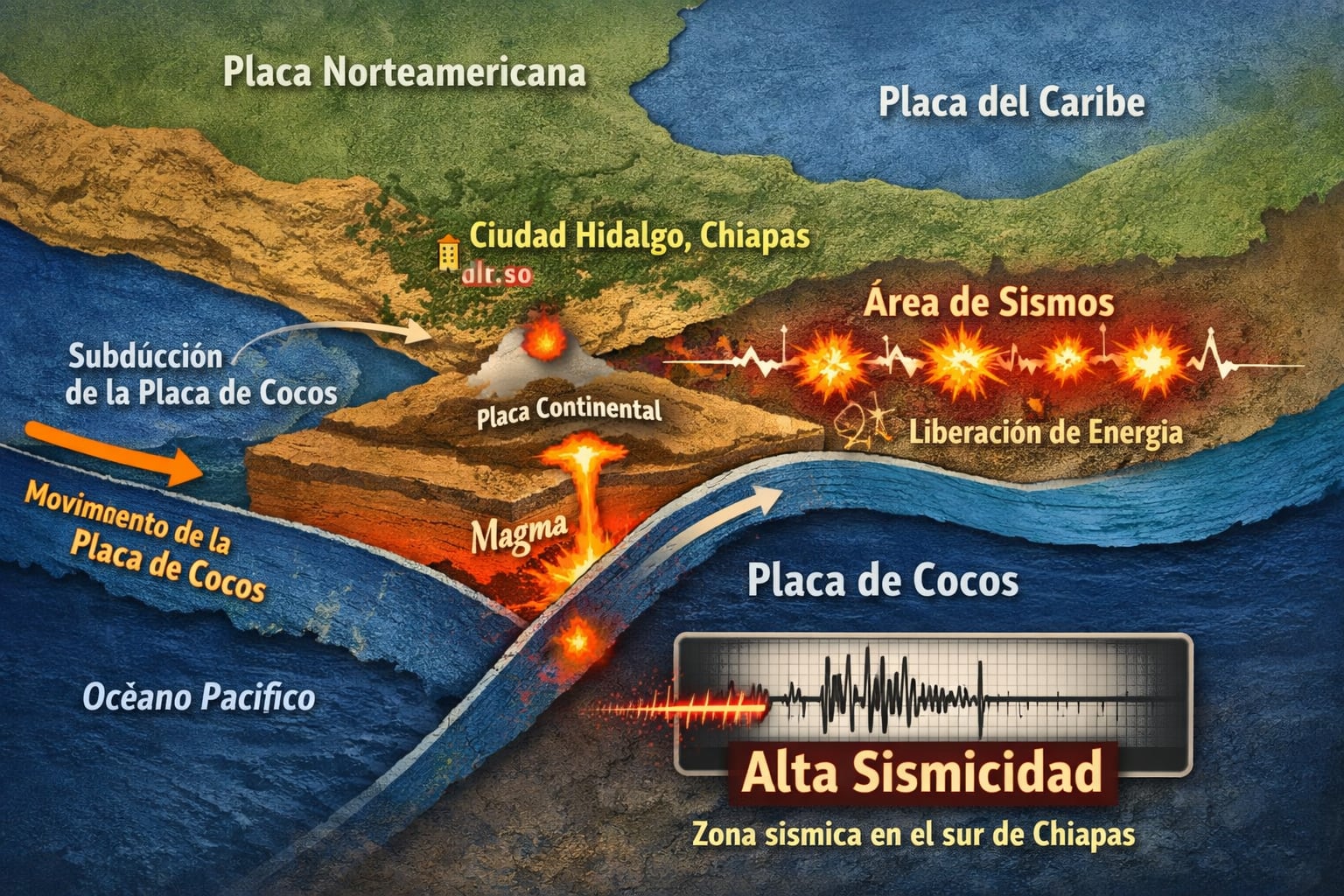 La interacción de las placas tectónicas de Cocos, del Caribe y Norteamericana, explicando la subducción y liberación de energía que causan la alta sismicidad en Ciudad Hidalgo, Chiapas (Imagen Ilustrativa Infobae)