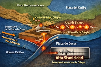 Infografía de placas tectónicas: Placa Norteamericana, Placa del Caribe, Placa de Cocos, subducción, magma, sismos, sismógrafo, Ciudad Hidalgo, Chiapas, Océano Pacífico.