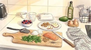 Alimentos en encimera: salmón, espinacas, requesón, nueces, semillas de chía. También bayas, manzanas, aguacate, huevos, aceite de oliva, tostadora, utensilios.