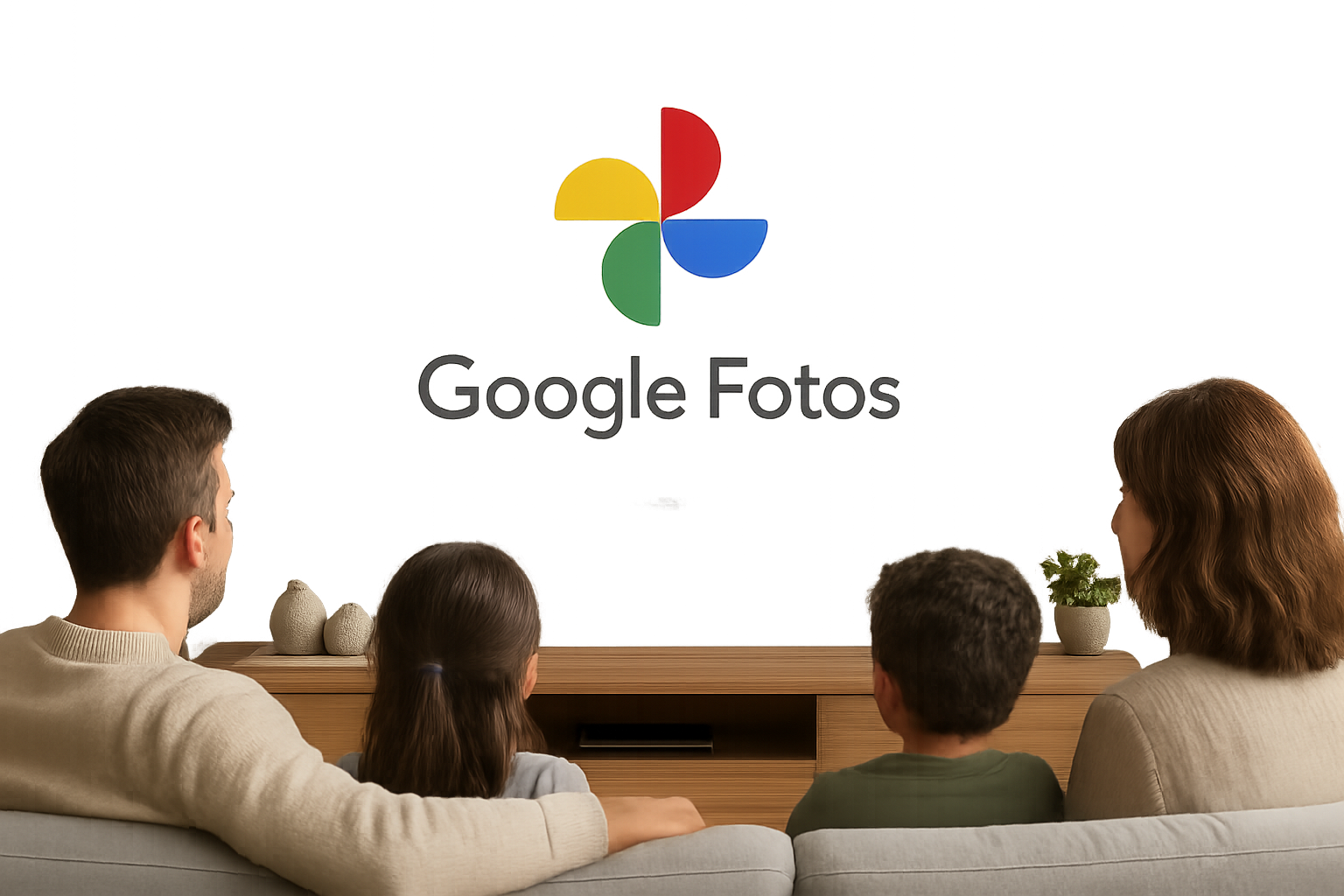 Una familia observa una pantalla con el logotipo de Google Fotos, destacando la integración de servicios digitales en el entorno familiar y la tecnología como parte del entretenimiento y organización de los recuerdos en el hogar moderno. (Imagen Ilustrativa Infobae)