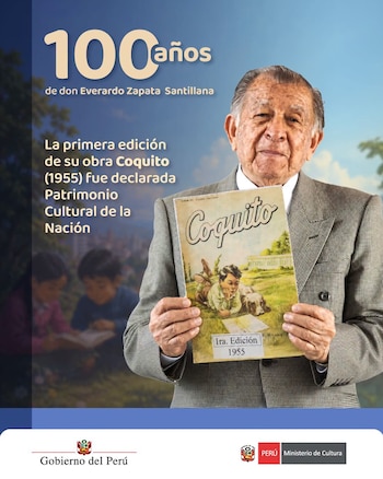 Hombre mayor de traje gris sostiene un libro antiguo titulado Coquito con ilustración de un niño y un perro leyendo en un campo verde