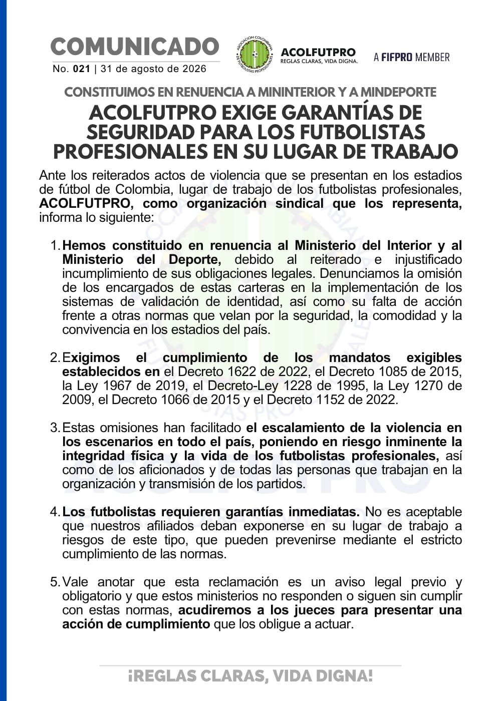 La Acolfutpro exigió al Gobierno nacional cumplir con las normas para evitar la violencia en el fútbol colombiano - crédito Acolfutpro