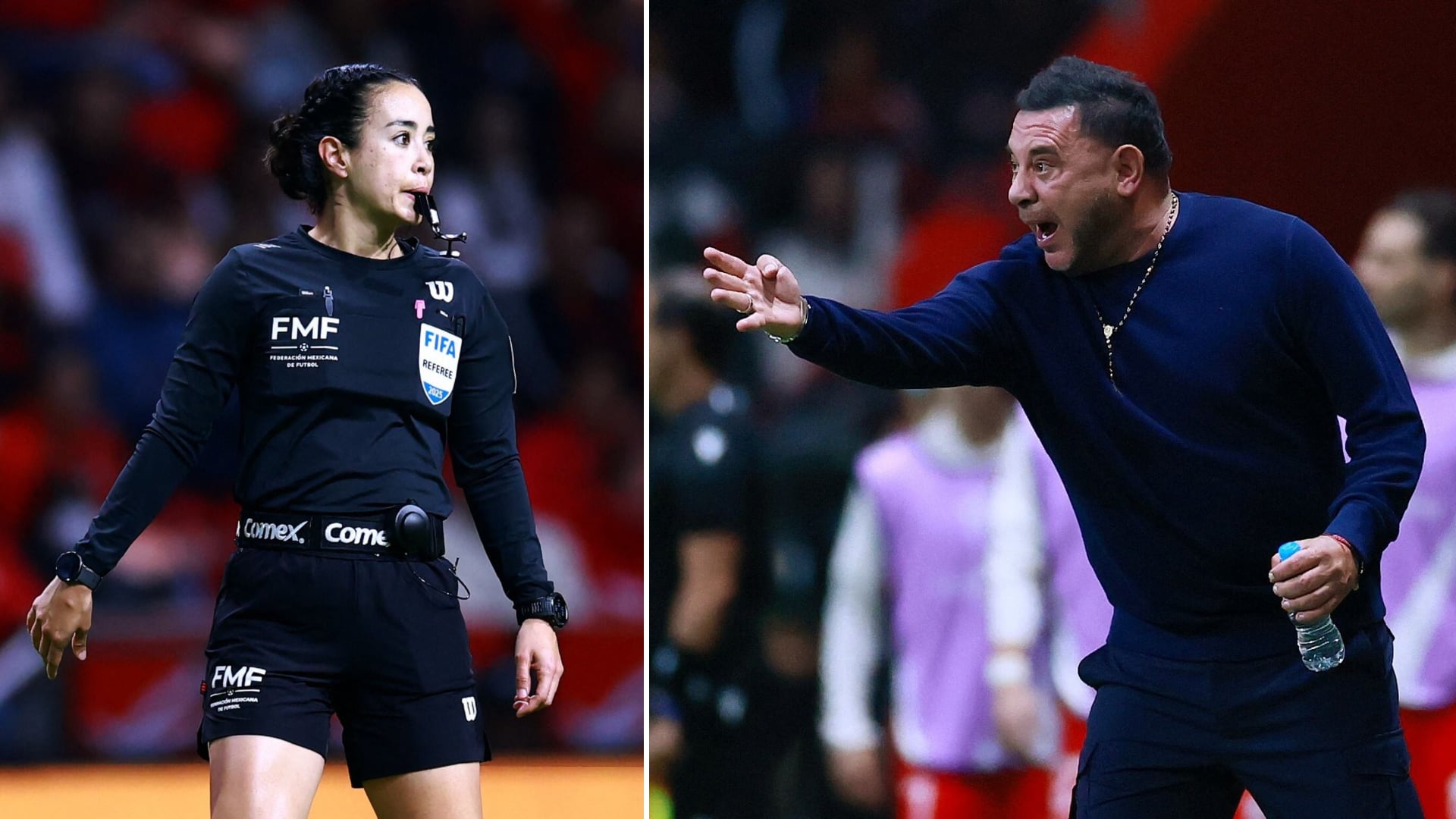 El técnico de los Diablos Rojos sostuvo un choque verbal con la árbitra Katia Itzel García y el episodio ya apunta a revisión disciplinaria, tras la goleada a los rojinegros de Crespo. REUTERS/Eloisa Sanchez